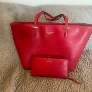 Kate Spade Red Tote Bag and Matching Wallet Smooth Leather Vibrant Design Bundle